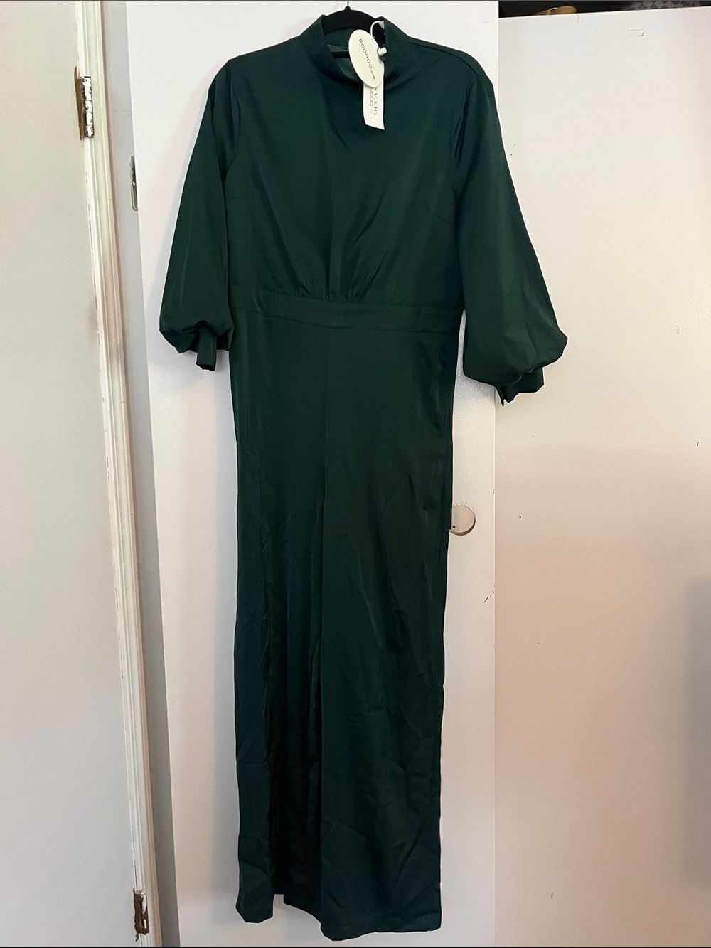 Boohoo Forest Green High Neck Maxi Dress with Puff Sleeves